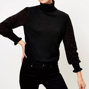 NWT New LOFT Black Turtleneck Knit Wool Blend Chiffon Sleeve Sweater Size 20/22